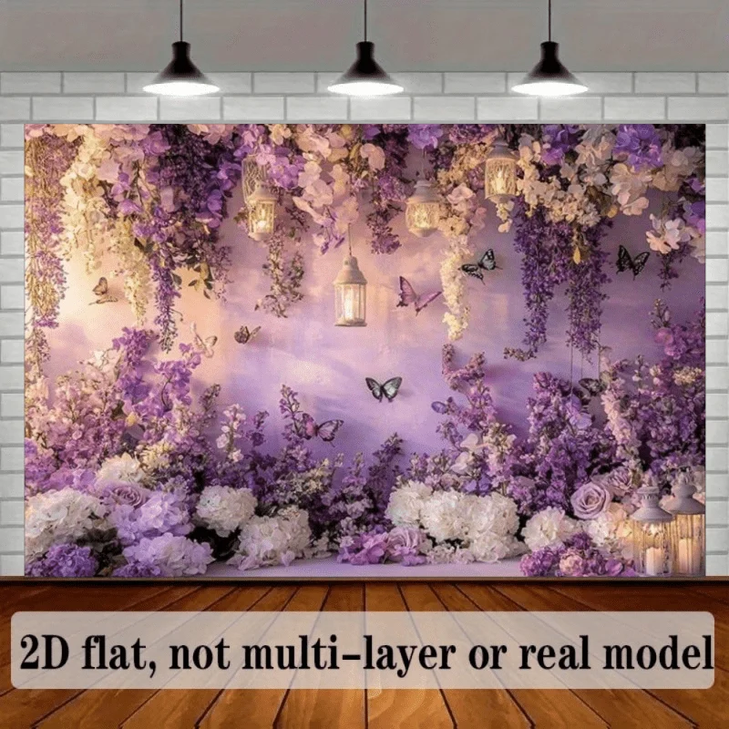 2D-Hintergrundstoff mit traumhaftem lila Blumenmeer-Motiv, mit hängenden lila Ranken, der eine romantische Blumenmeer-Atmosphäre schafft.