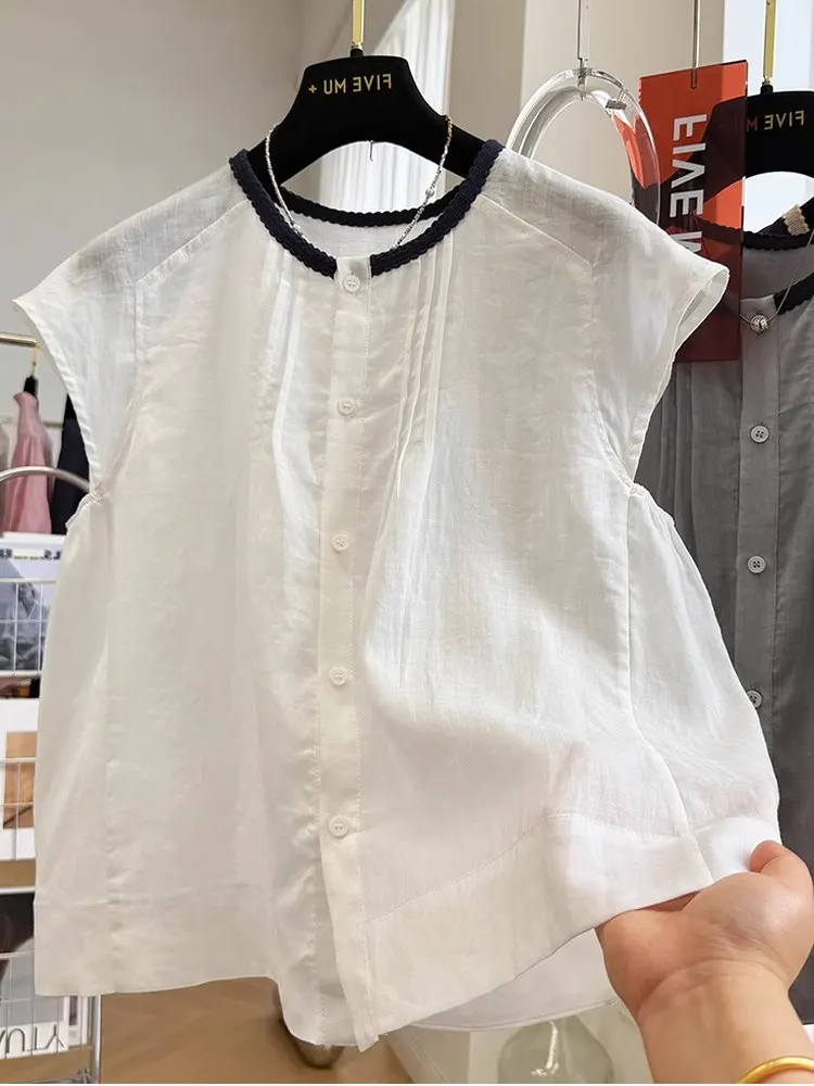 2025년 여름 여성용 루즈핏 싱글 버튼 코튼 린넨 원피스 한국 스타일 슬림핏 소형 사이즈 출퇴근용