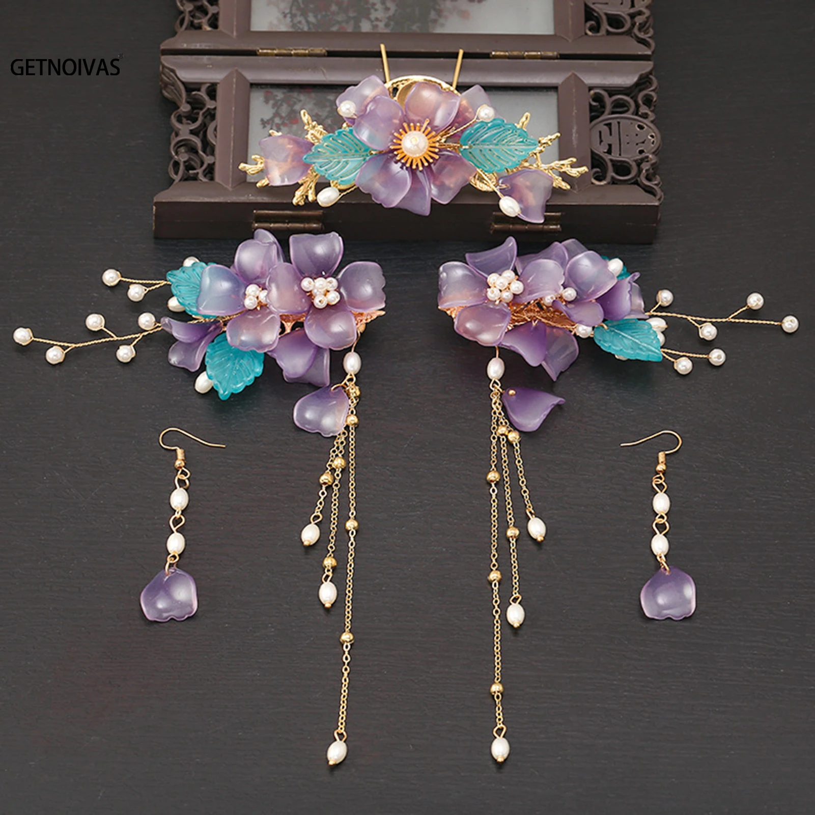 

Retro Flower Hairpins Clips Hair Sticks Forks Pendant Earrings Jewelry Sets Chinese Hair Accessories for Women Girls Hanfu Dress