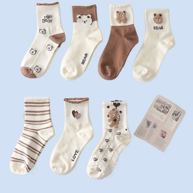 7/14 Pairs Brown Bear Socks Women's Middle-Tube ins Korean Cotton Socks Japanese Cute Student Sports Autumn and Winter Socks