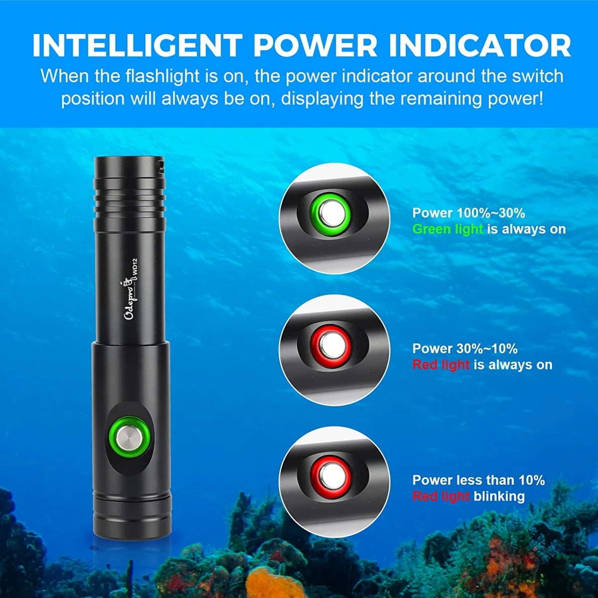 Professional Diving Flashlight Professional Scuba Torch Odepro WD12 High Power LED Flashlights Waterproof Submersible Dive Light