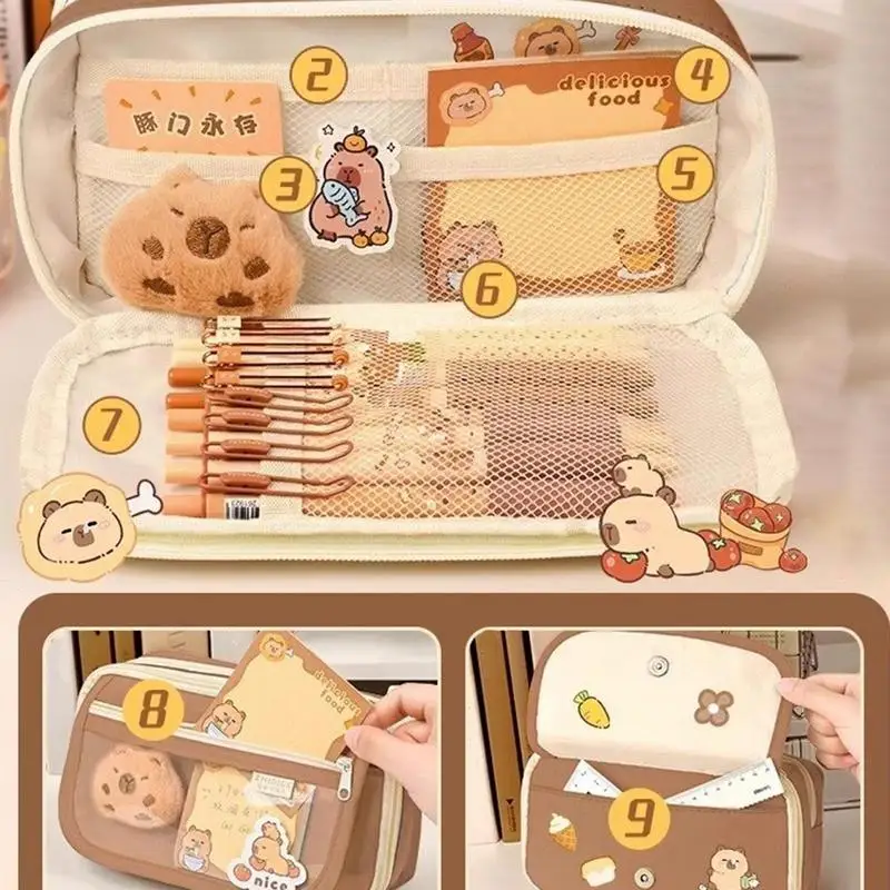 Estojo de lápis de tecido capivara fofo, 9 camadas, grande capacidade, zíper animal, bolsa infantil, meninos, meninas, material escolar