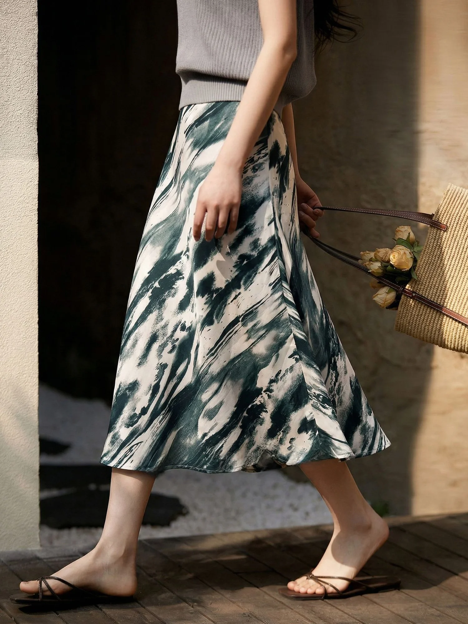 

Elegant High Waist Midi Skirt Women's Summer Fashion Print Loose Over-Knee A-Line Skirt Polyester Fiber Commute Style