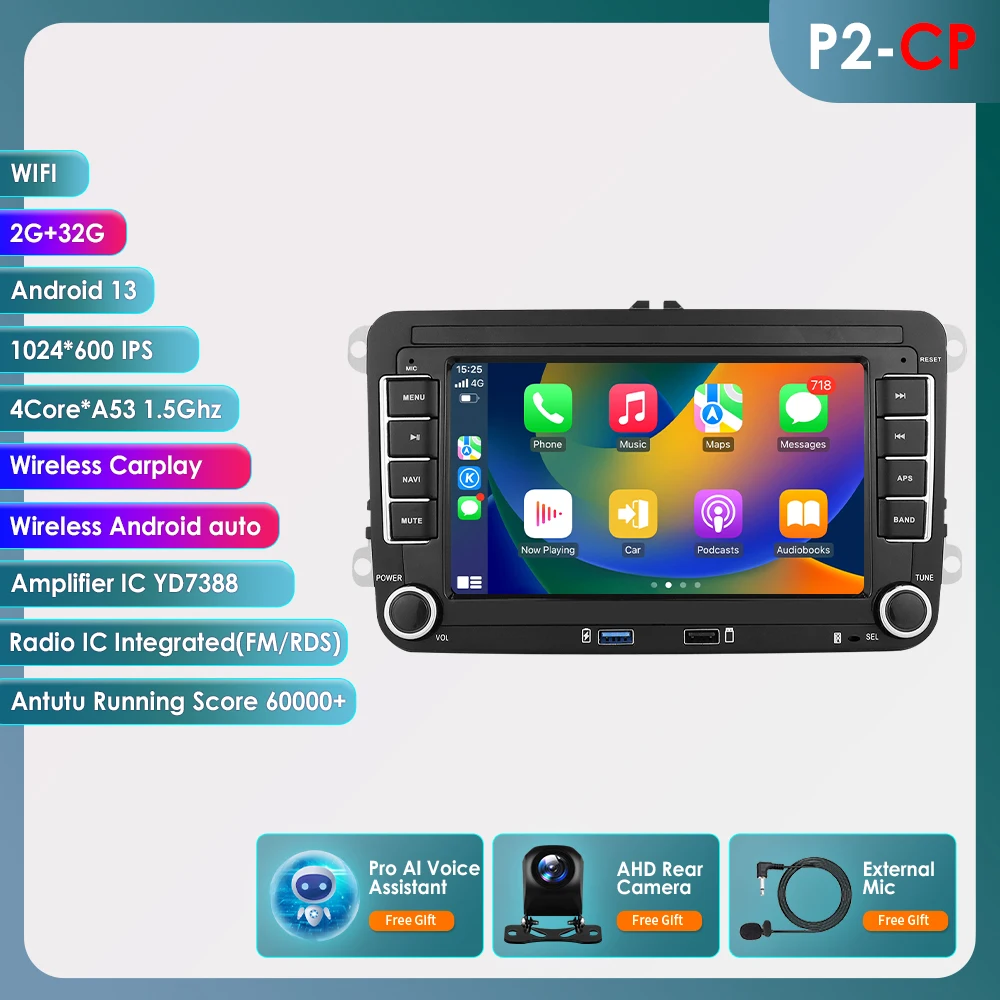 7 inch 2DIN AI Voice Carplay Android autoradio voor VW POLO GOLF 5 6 PASSAT B6 JETTA TIGUAN SHARAN Seat Octavia Fabia Skoda Leon Universele Multimedia Videospeler 6115 Octa Core Head Unit Scherm