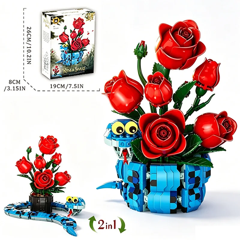 

MOC 778PCS Creative Snake Vase and Rose Eternal Flower Building Blocks DIY Assembly Animal Ornament Puzzle Toy Gift