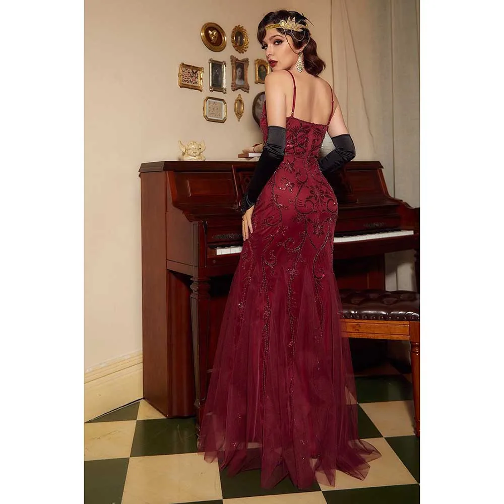 Fancy Vintage Black Burgundy Women Prom Dresses Spaghetti Strap V-Neck Floor Length Slim Fit Smart Elegant Female Prom Gowns