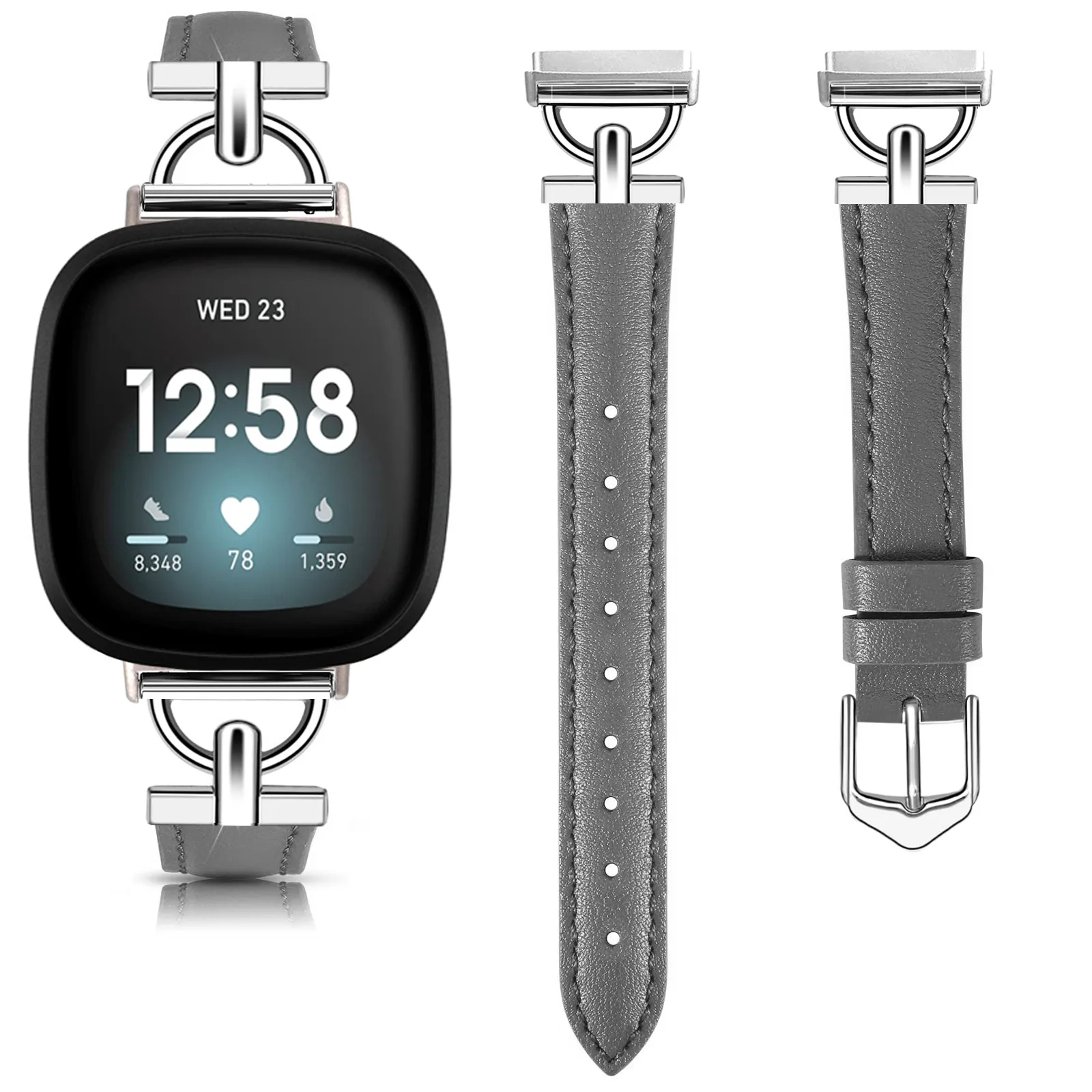 Silver D-buckle Leather Strap for Fitbit Versa 4/Versa 3/Sense Women's Slim Leather Wristband D-buckle Fashion Watch Strap