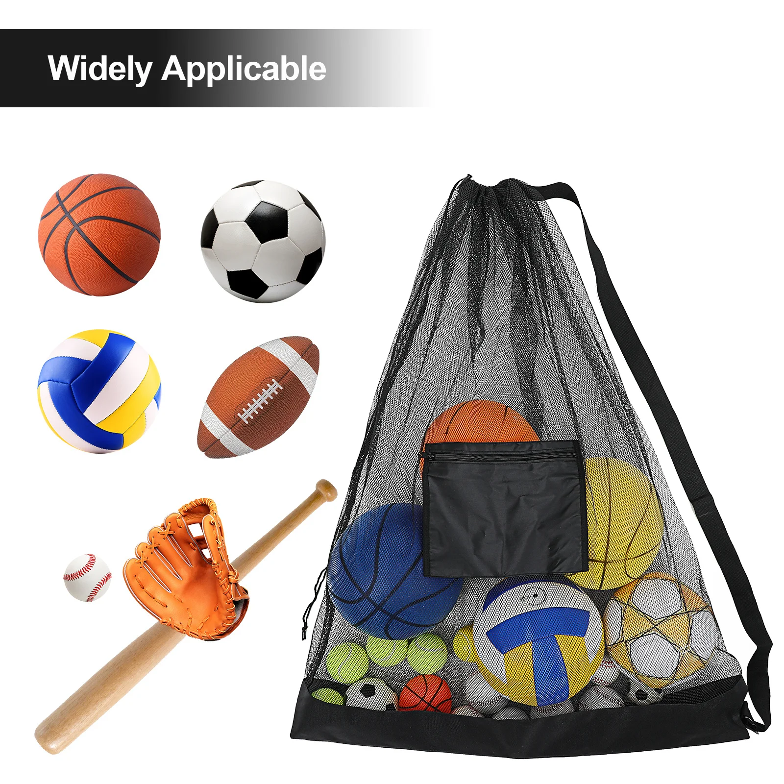 حقيبة كرة شبكية ذات سعة كبيرة لكرة القدم وكرة السلة والكرة الطائرة برباط للإغلاق وجيب بسحاب لتخزين المعدات الرياضية
