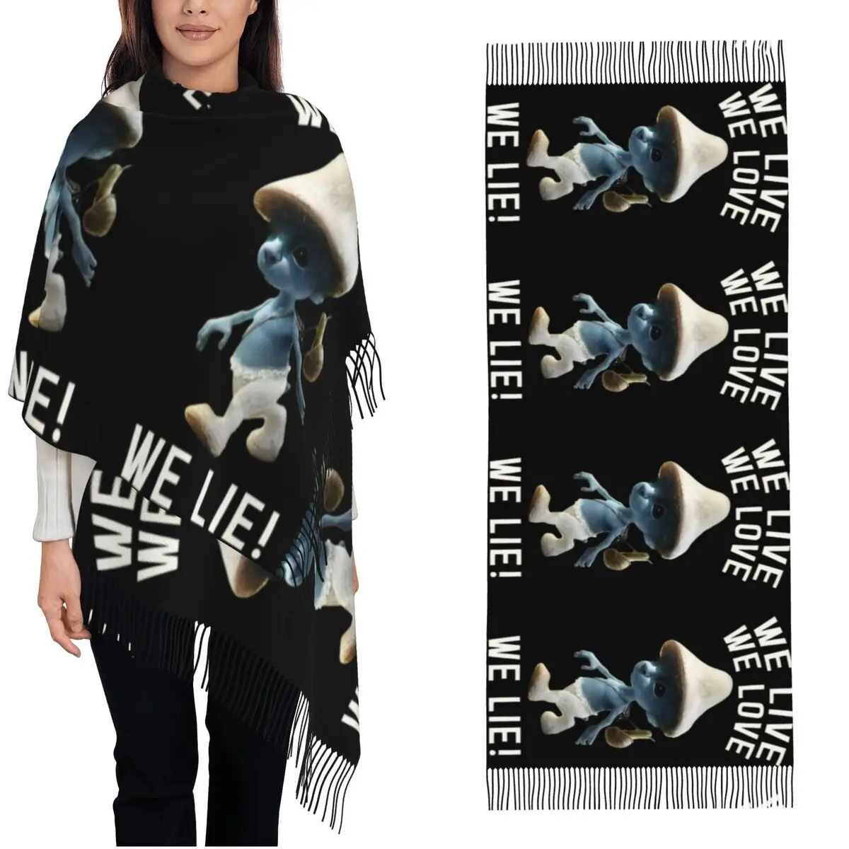 

We Live We Love We Lie Scarf for Womens Warm Winter Pashmina Cat Mushroom Meme Long Large Scarves with Tassel for Daily Wear