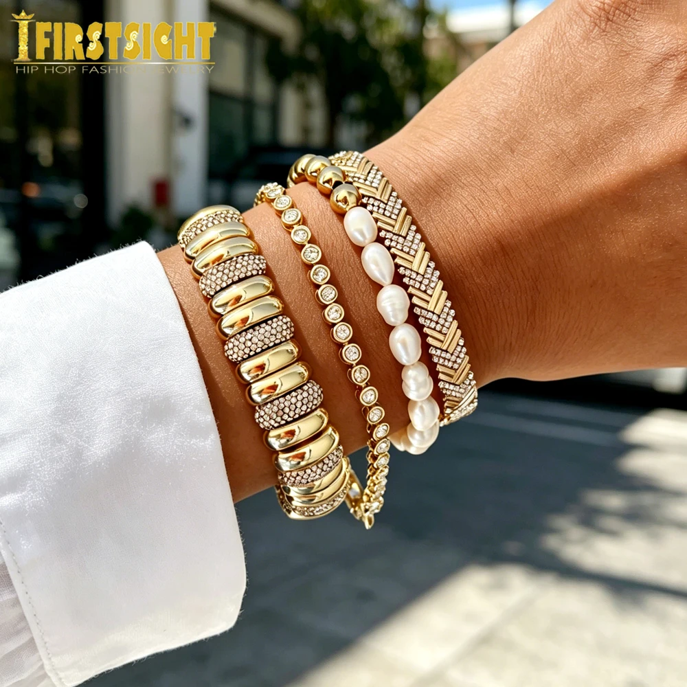 New Gold Color Chunky Stretchy Bracelet High Polished Shiny Paved CZ Curved Circle Geometric Adjusted Size Women Jewelry