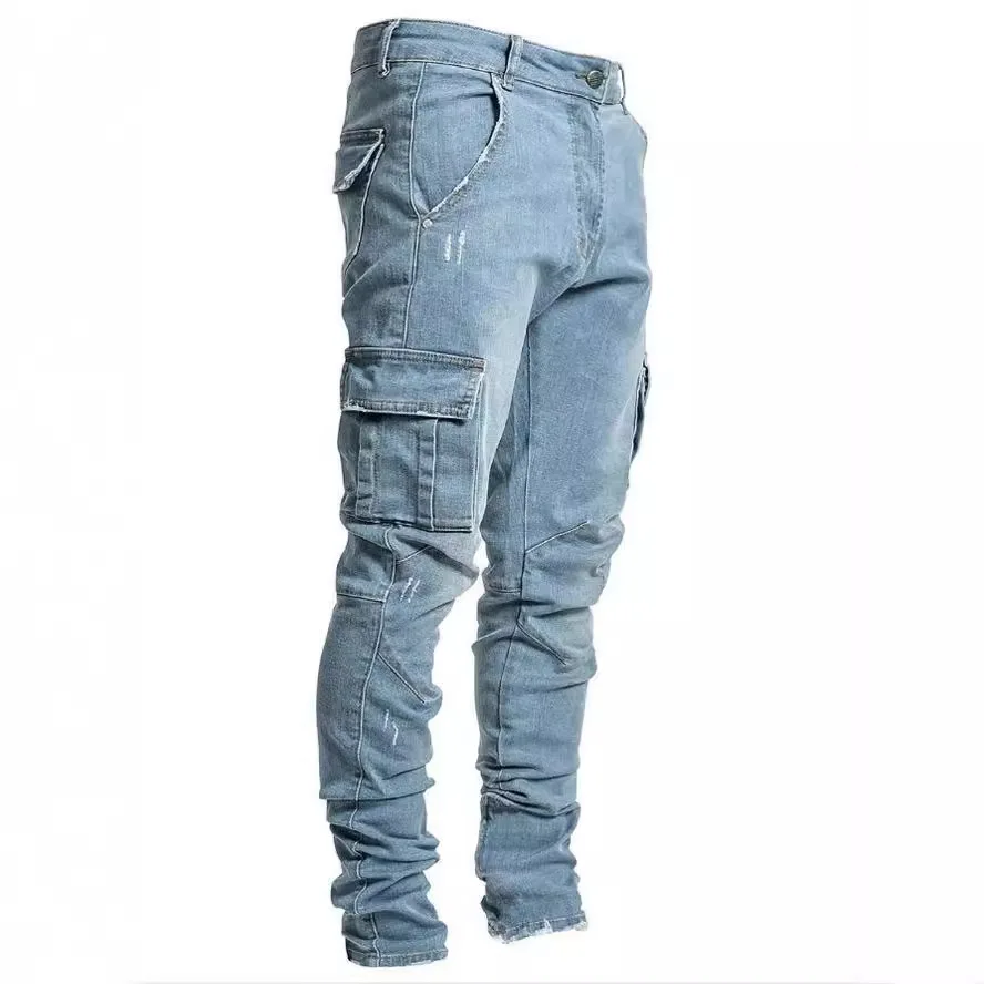 Jalan jins elastis pria Denim celana kargo cuci warna Solid Multi kantong kasual pertengahan pinggang celana Slim Fit pakaian sehari-hari Jogger