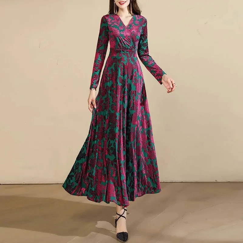 

Весенне-осеннее темпераментное модное элегантное длинное женское вечернее платье с длинными рукавами, женское платье золотого бархата, женское платье 2025