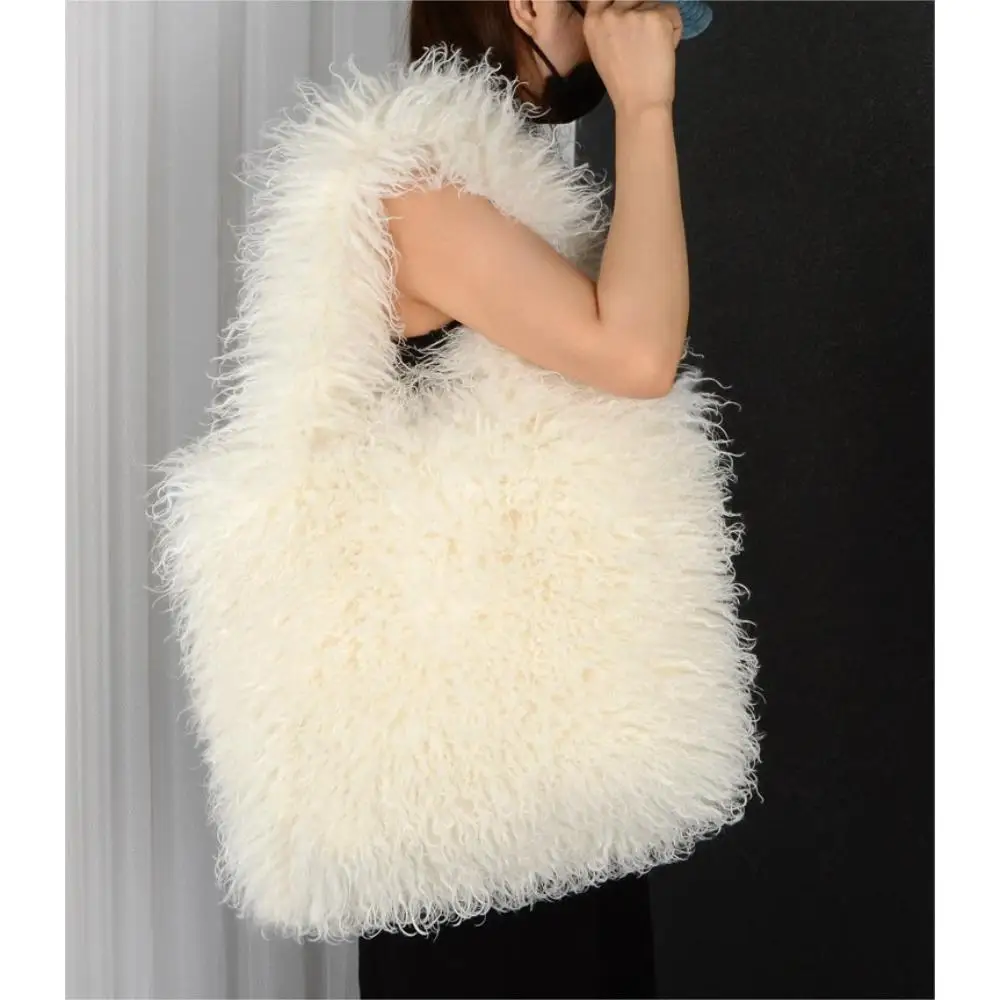 

Women's Bags Luxury Large Capacity Fluffy Faux Furry Tote Bag White Hot Pink Brown Single Shoulder Purse Mongolian Fur Handbags