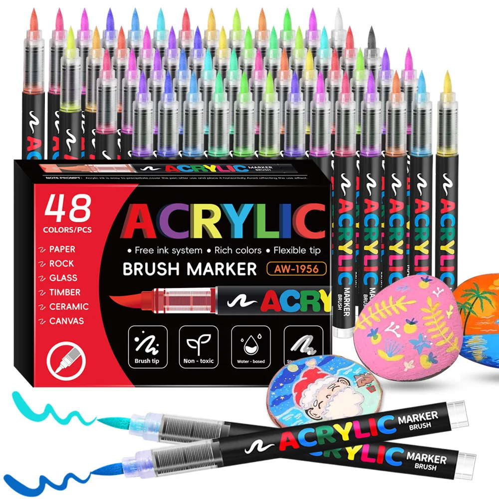 Juego de rotuladores acrílicos de 12-48 colores, marcador de arte DIY de secado rápido resistente al agua, pincel suave para álbum de recortes, suministros escolares de arte de gran capacidad