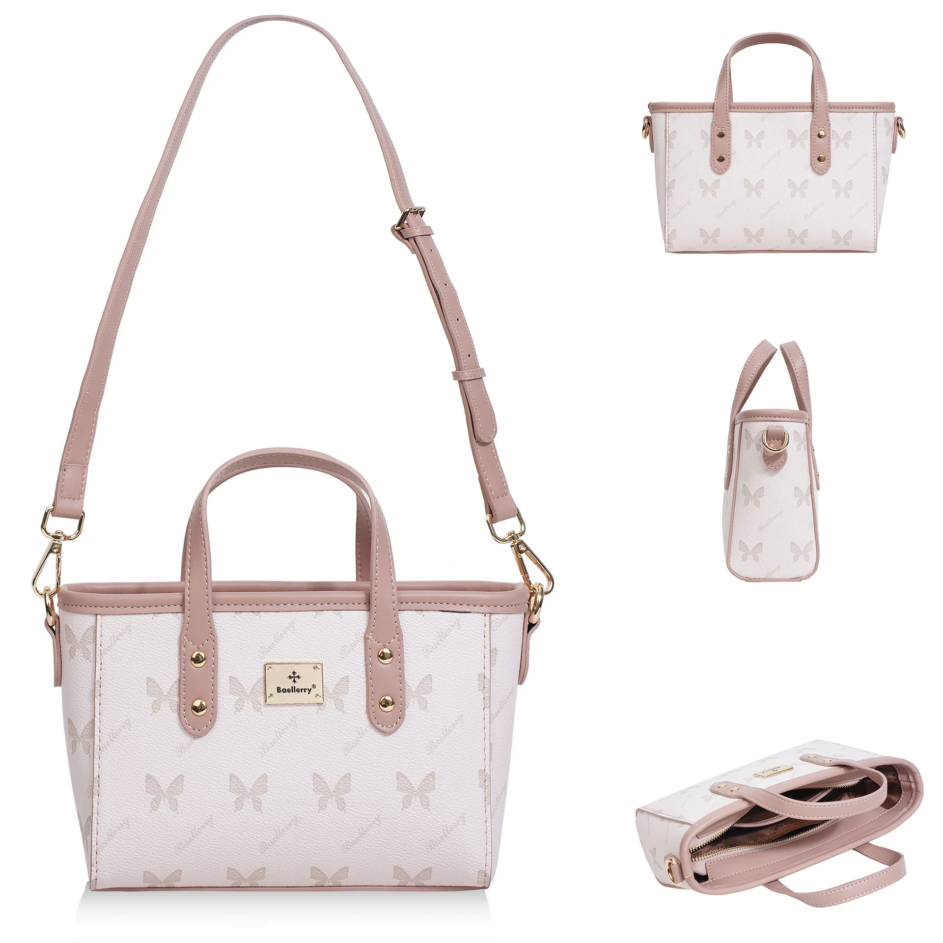 Lady Tot Bag PU Butterfly Print Bag Elegant and Versatile Commuting Pink Handbag