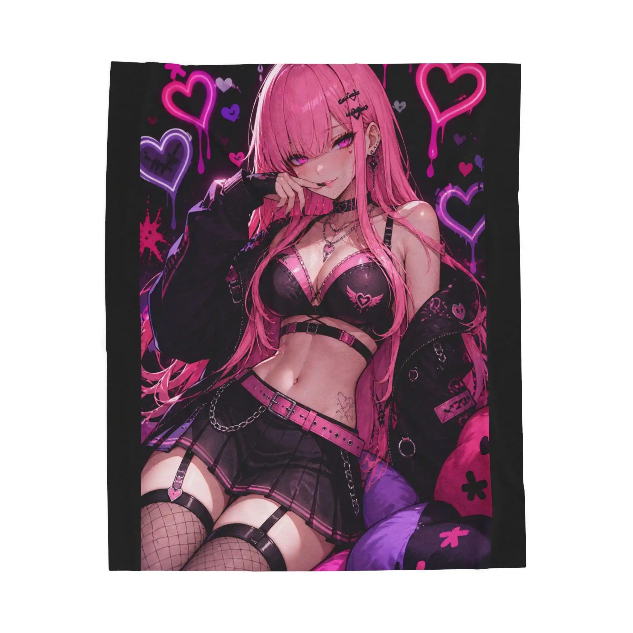 Pink Anime Girl Illustration Velveteen Plush Blanket Neon Hearts Egirl Waifu Anime Pink Girl Room Decor Goth Y2K Sofa Blankets