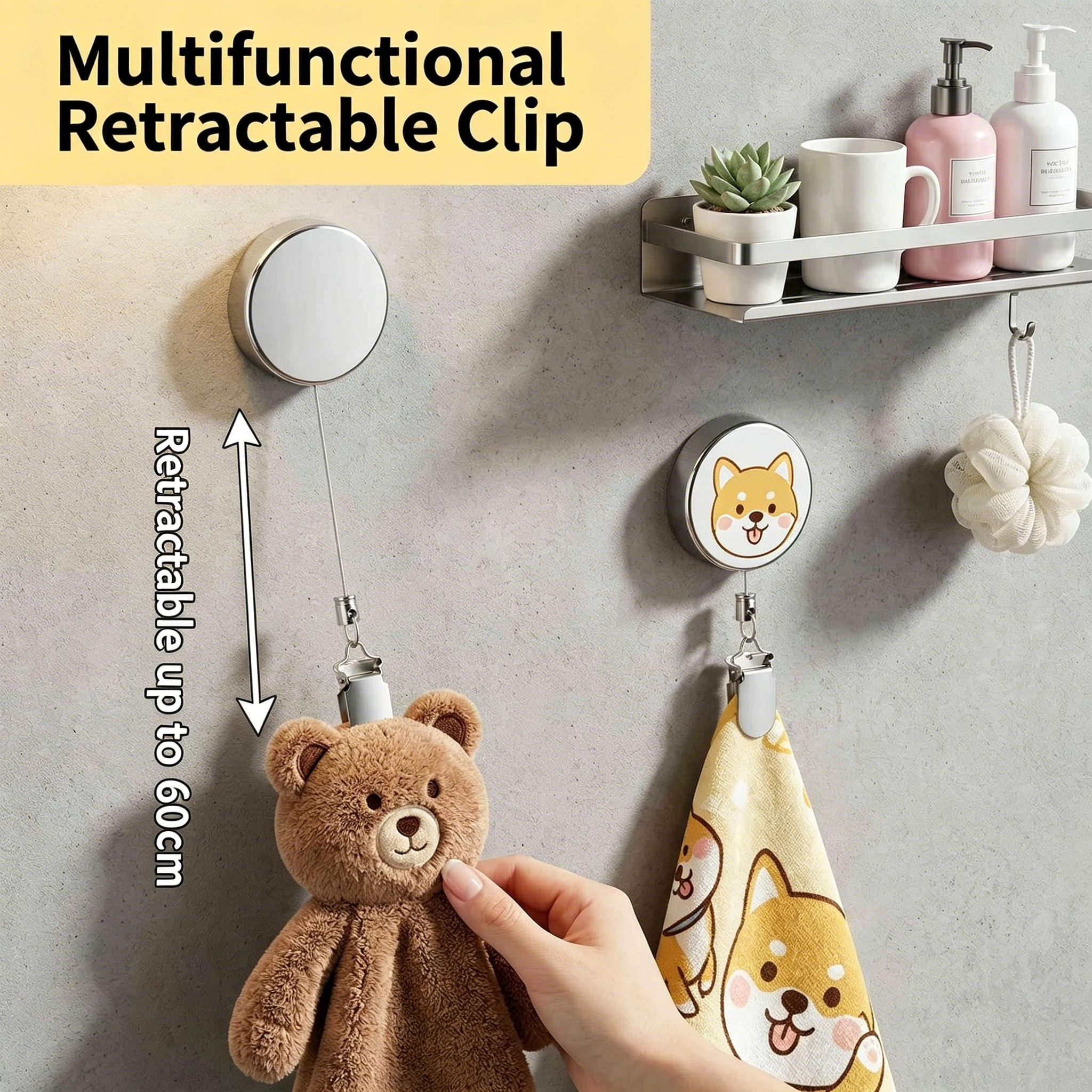 1/2pcs Automatic Retractable Towel Rack No-Drill Self-Adhesive Wall Mounted Hand Towel Holder with Stainless Steel Cable Clamp