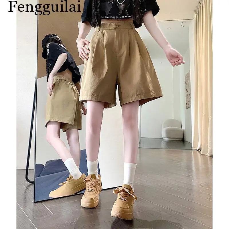 2026 Summer Women Casual Daily Khaki Short Pants Female High Waisted Cargo Shorts Girls Retro Baggy Wide Leg Slacks view 4