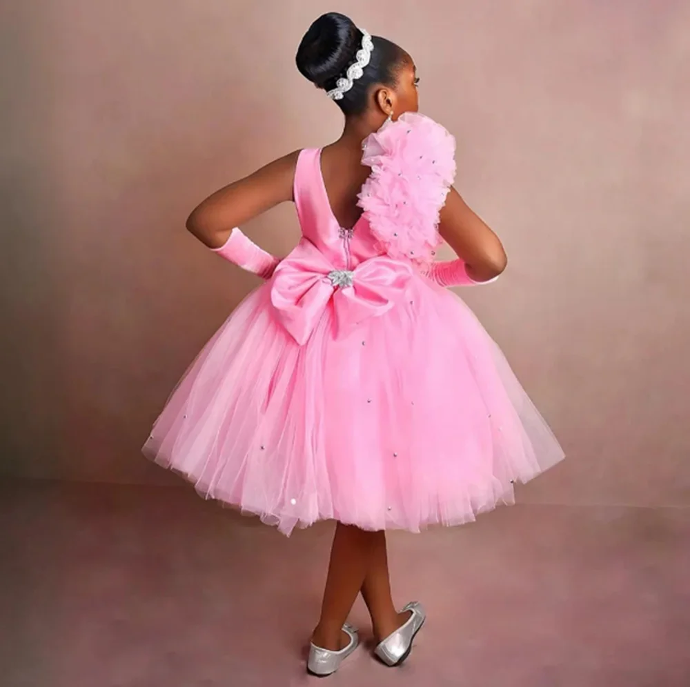 فساتين فتاة الزهور المخصصة لحفلات الزفاف مزينة باللؤلؤ بدون أكمام بطول الركبة للأطفال وحفلات أعياد الميلاد الأولى #2