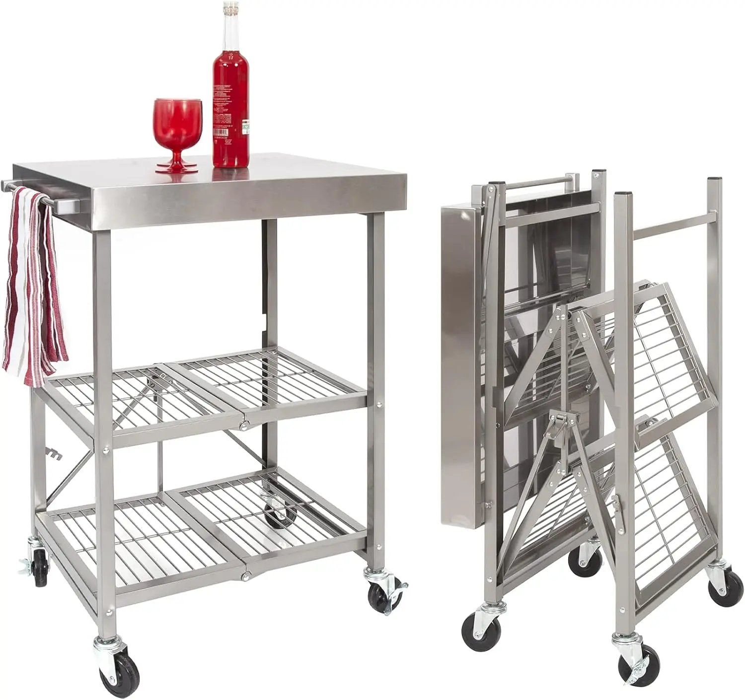 Origami Stainless Steel Table with Wheels, 3-Tier Foldable Rolling Cart Made of Commercial-Grade Metal - Stainless Steel Kitchen