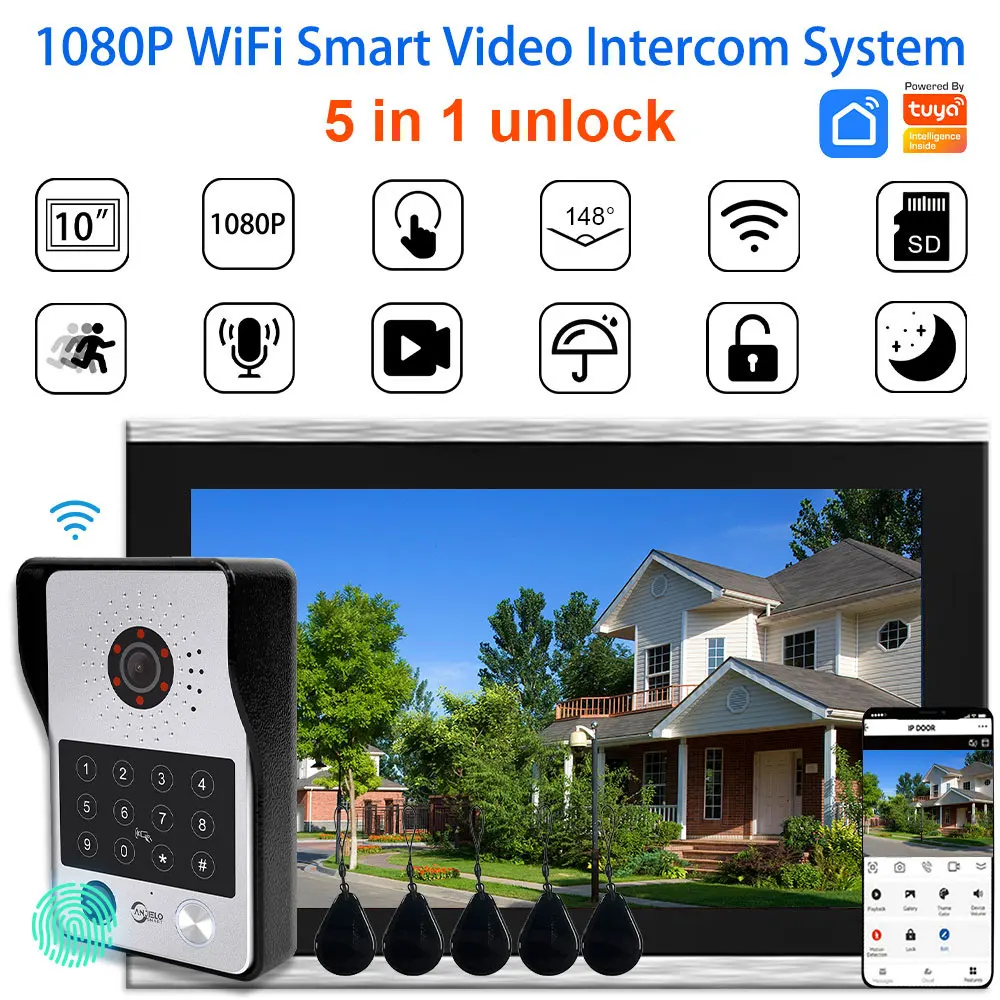 Fingerprint 5in1 Unlock Wifi Doorbell Video Intercom System For Home 1080P Touch Screen 148° Doorphone Security Protect