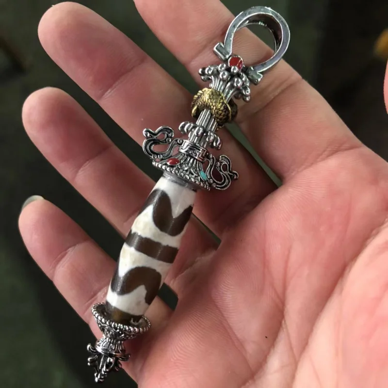 

Тибетский серебряный кулон Ваджра с инкрустацией зубами тигра, агат, ювелирные изделия из бисера Дзи