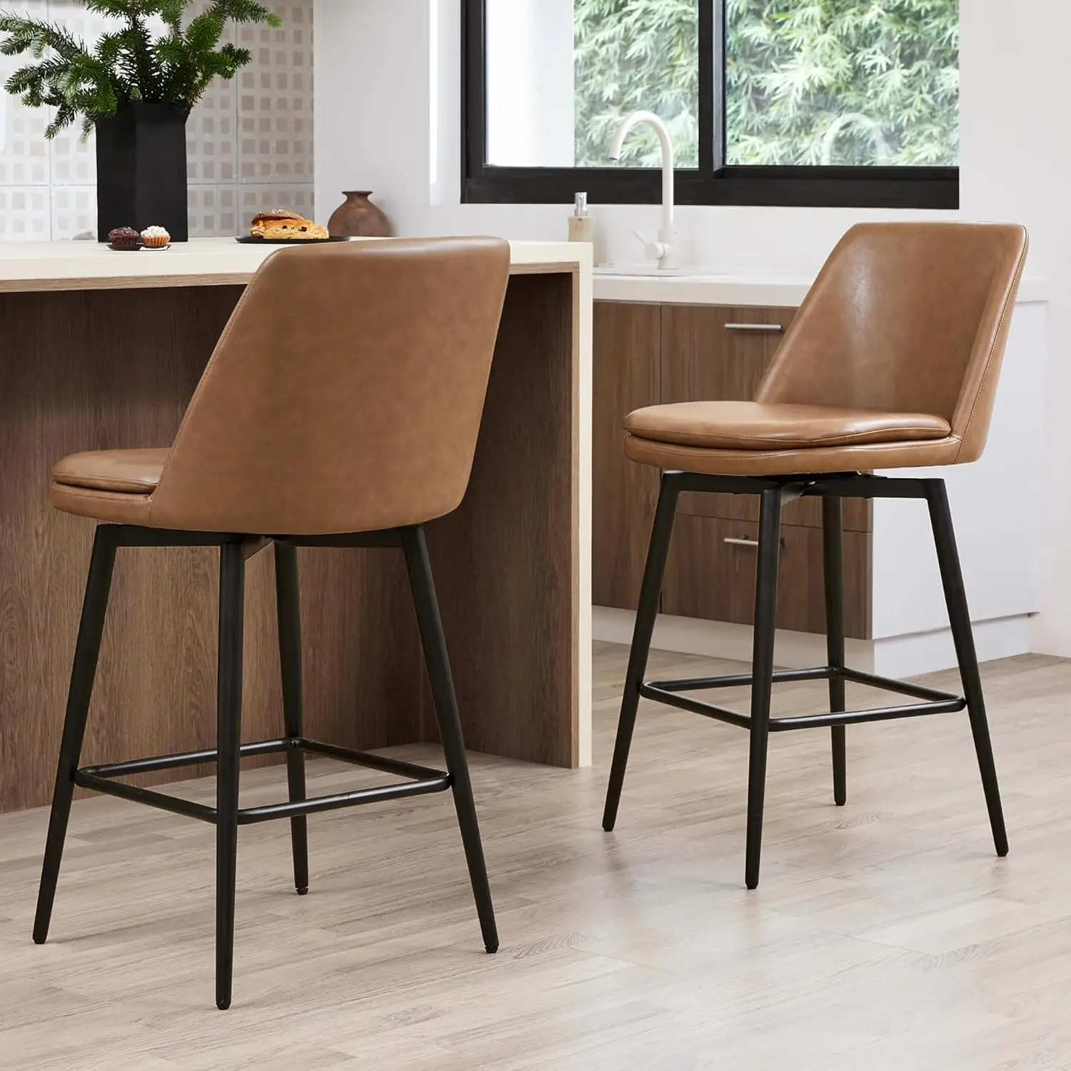 CHITA-Counter Altura Swivel Barstools, FSC Certified estofados do falso couro Bar Banquetas, Conjunto de 2, Metal Base, 27,2 na altura do assento