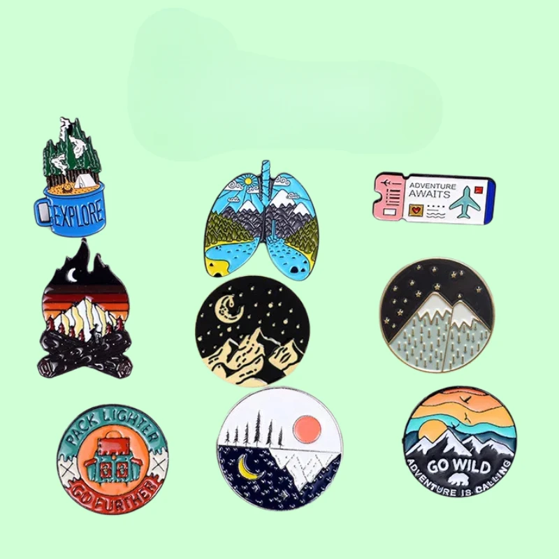 Outdoors Adventure Enamel Pins Wild Hiking Travel Brooches Collection Camping Mountain Firewood Explore Lapel Badges Wholesale