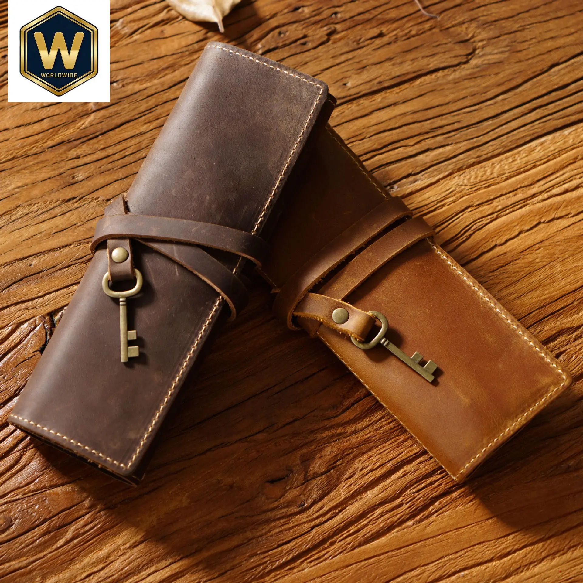 Vintage Cowhide Pencil Case, Tri-Fold Pen Clip, Handmade Multi-Function Real Leather Pencil Case, Crazy Horse Leather Pen Cover