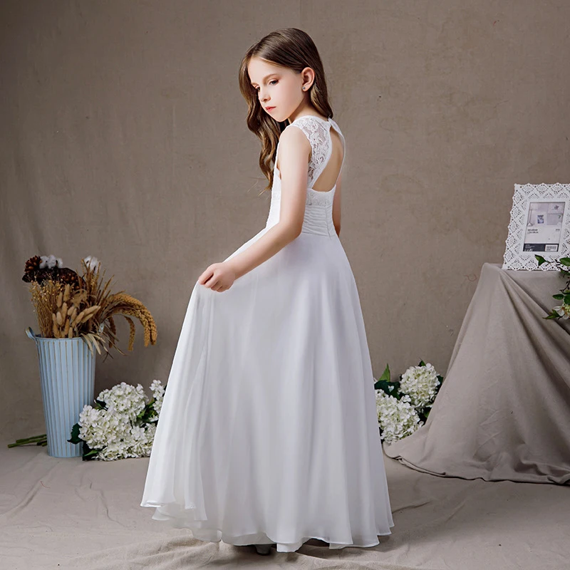 Princess Chiffon Lace Flower Girl Dress Pleat Children First Communion Dress Ball Gown Wedding Party Dress Runway Show Pageant