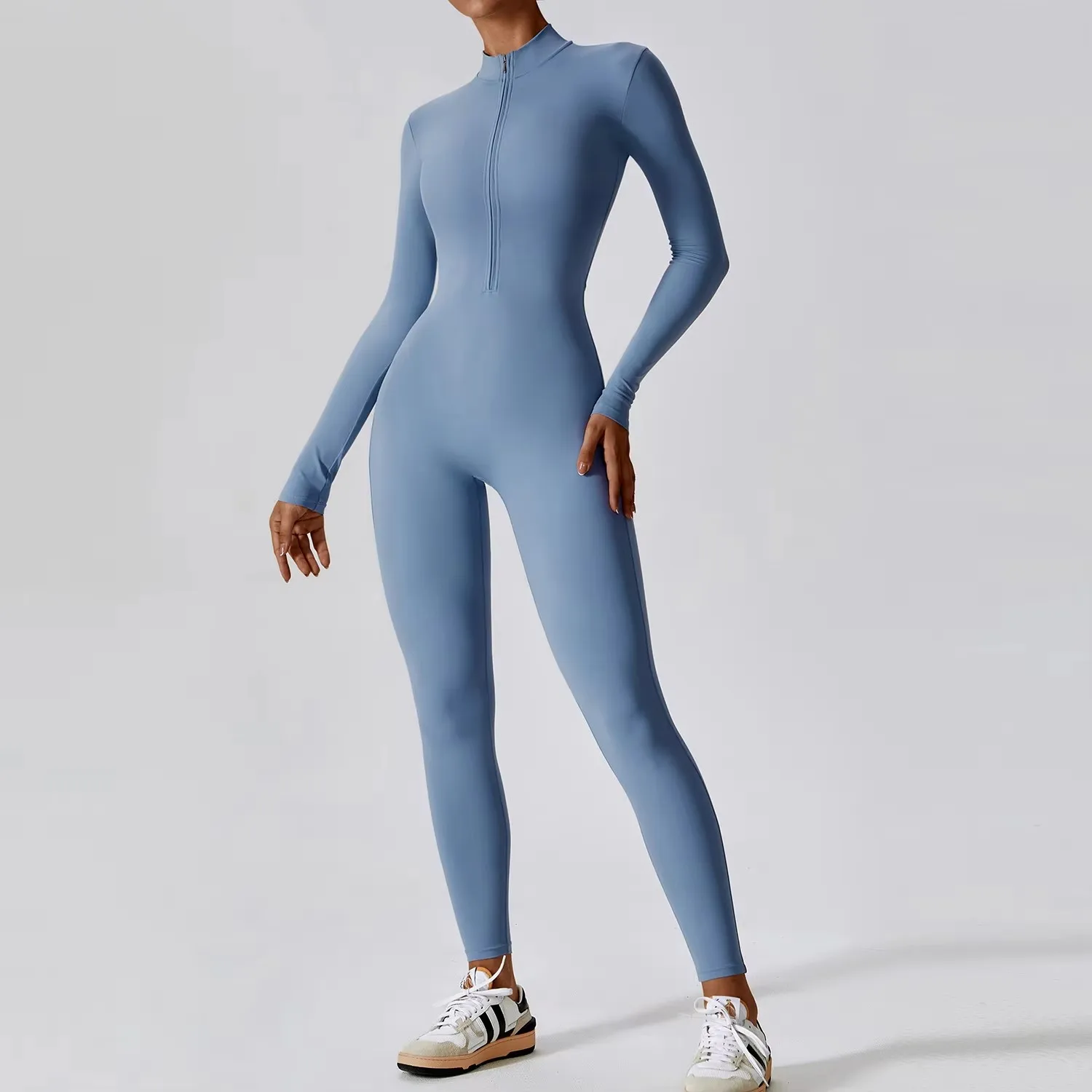 One-piece Skin-tight Garment Yoga Boilersuit Long Sleeved Women's Sportswear Gym Zipper Jumpsuits Workout High-intensity Fitness