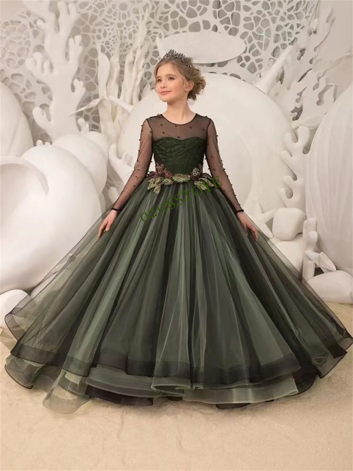 

Girl Dress Green Flower Wedding Ball Gown Tulle Pearl Lace Appliques Princess Long Sleeve Pageant Dress Kids Elegant Party