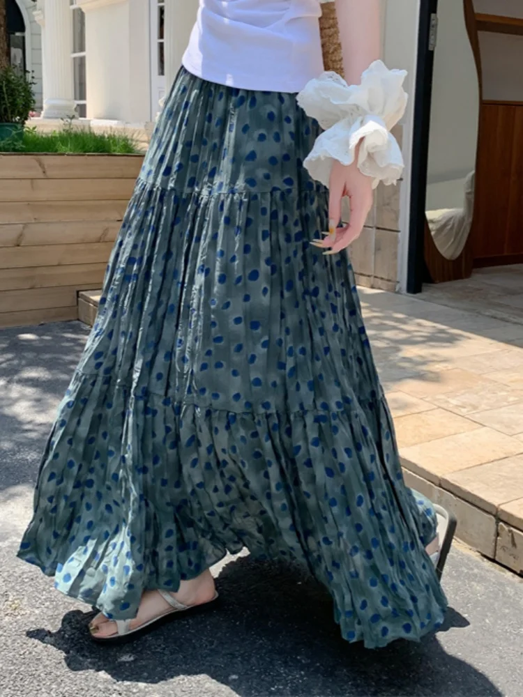 

SMTHMA 2025, новая модная стильная высококачественная юбка трапециевидной формы с цветочным принтом в горошек, эластичная плиссированная длинная юбка с высокой талией для похудения