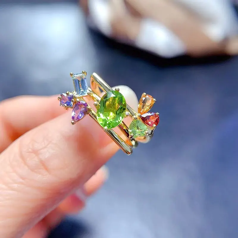 

Latest Design 3 in 1 Combination Ring Set 925 Silver Ring 6mm*8mm 1ct Natural Peridot Ring with 18K Gold Plating