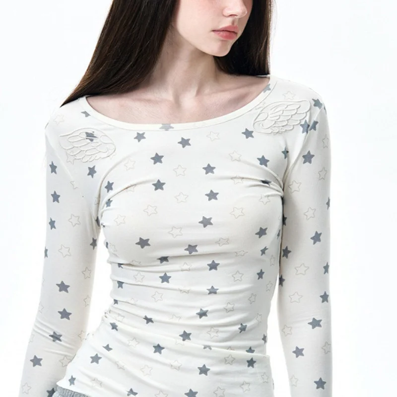 Korean Y2K Women Long Sleeve Top Star Pattern Wide  Neck Wing Embroidery Slim Fitted Casual Basic T-shirt