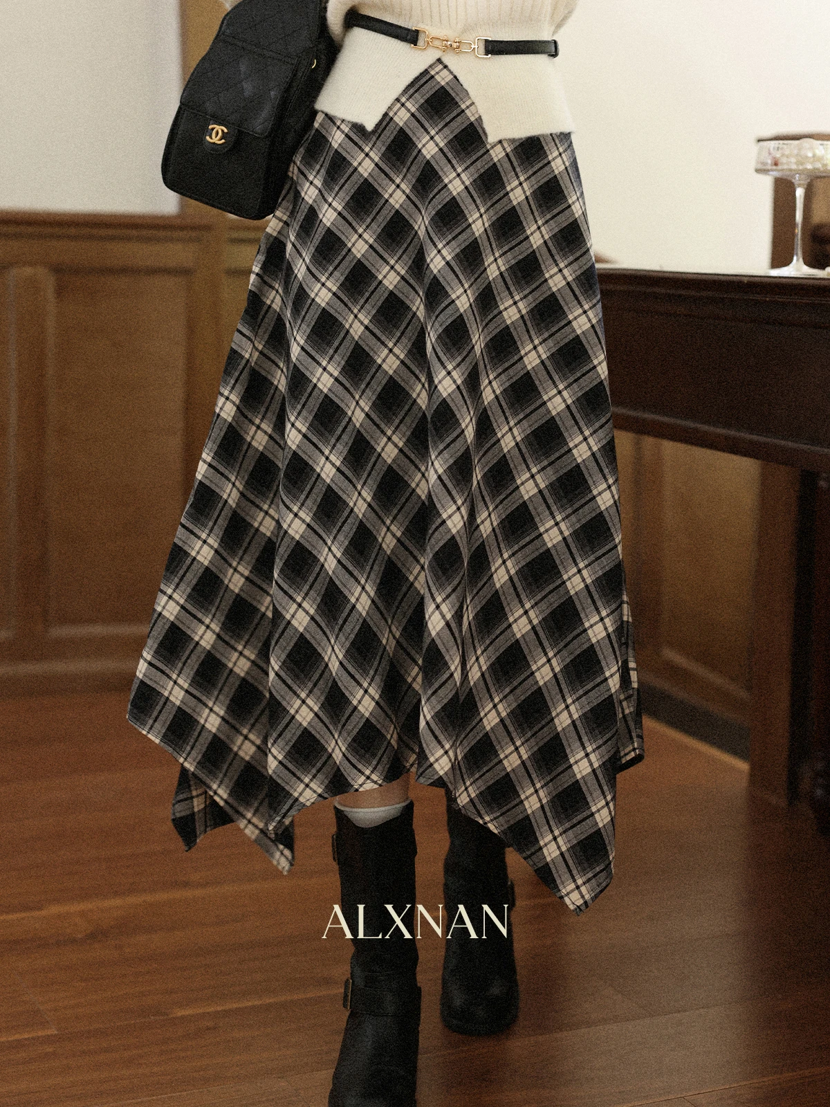 

ALXNAN Black Plaid Irregular Skirt Women Elegant Long A-line Checkered Midi Skirts 2025 Fall Winter Female Clothing L57278-1