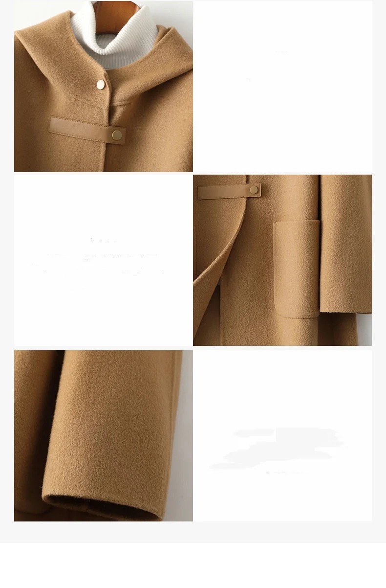 Neue Modische Doppelseitige POLYESTER-Jacke mit Kapuze für Damen Herbst Winter Doppelseitige Woll-Windjacke Eleganter Schlanker Wollmantel – Detail 6