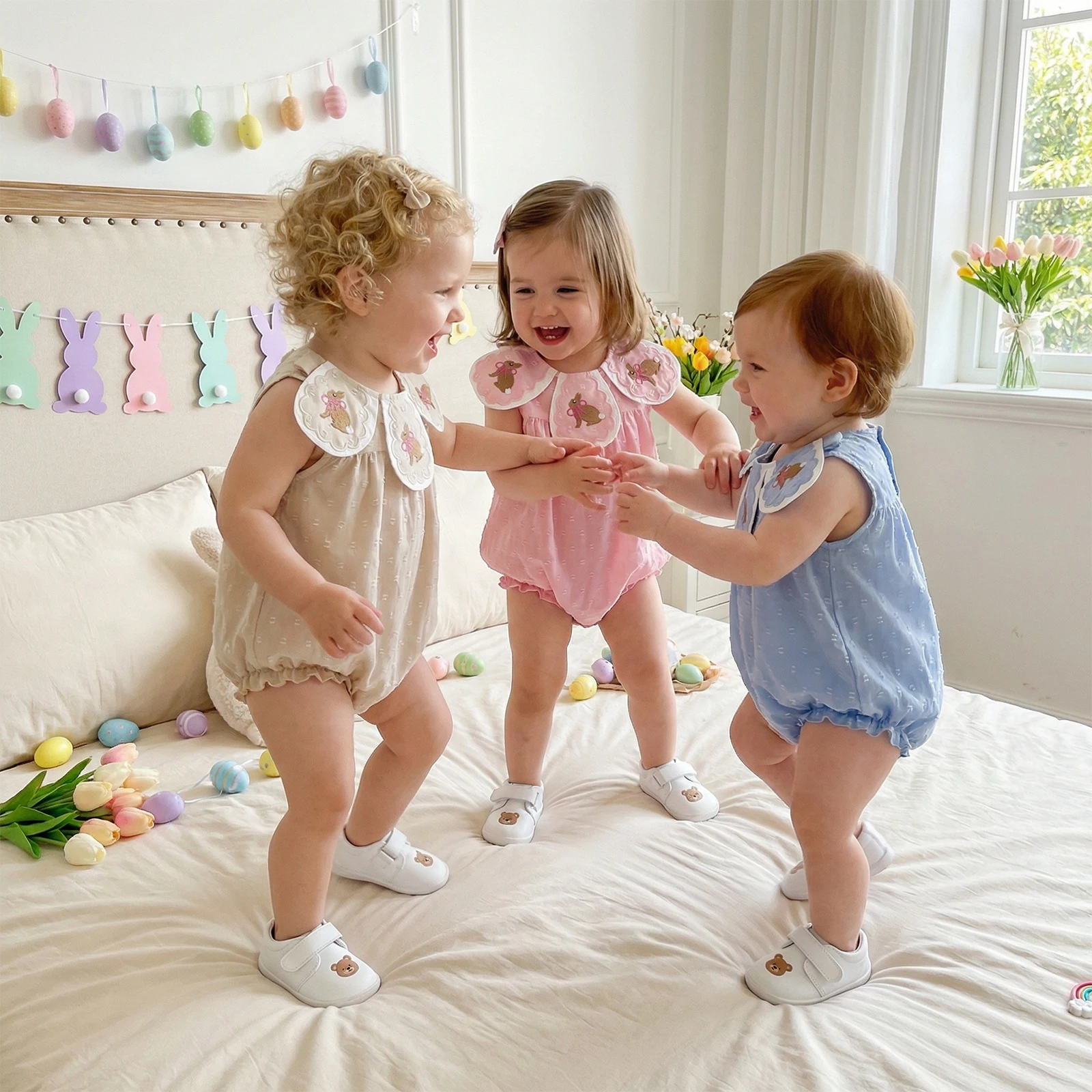 Summer Easter Infant Baby Girls Bodysuit Clothes Bunny Embroidered Sleeveless Jumpsuits Outfits