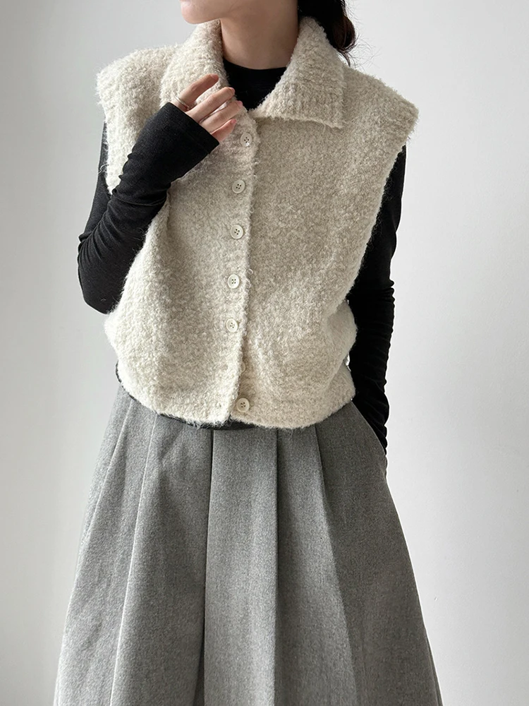 

Spring Autumn 2025 Women Beige Brief Elegant Warm Knitting Sweater Vest New Lapel Sleeveless Fashion Tide