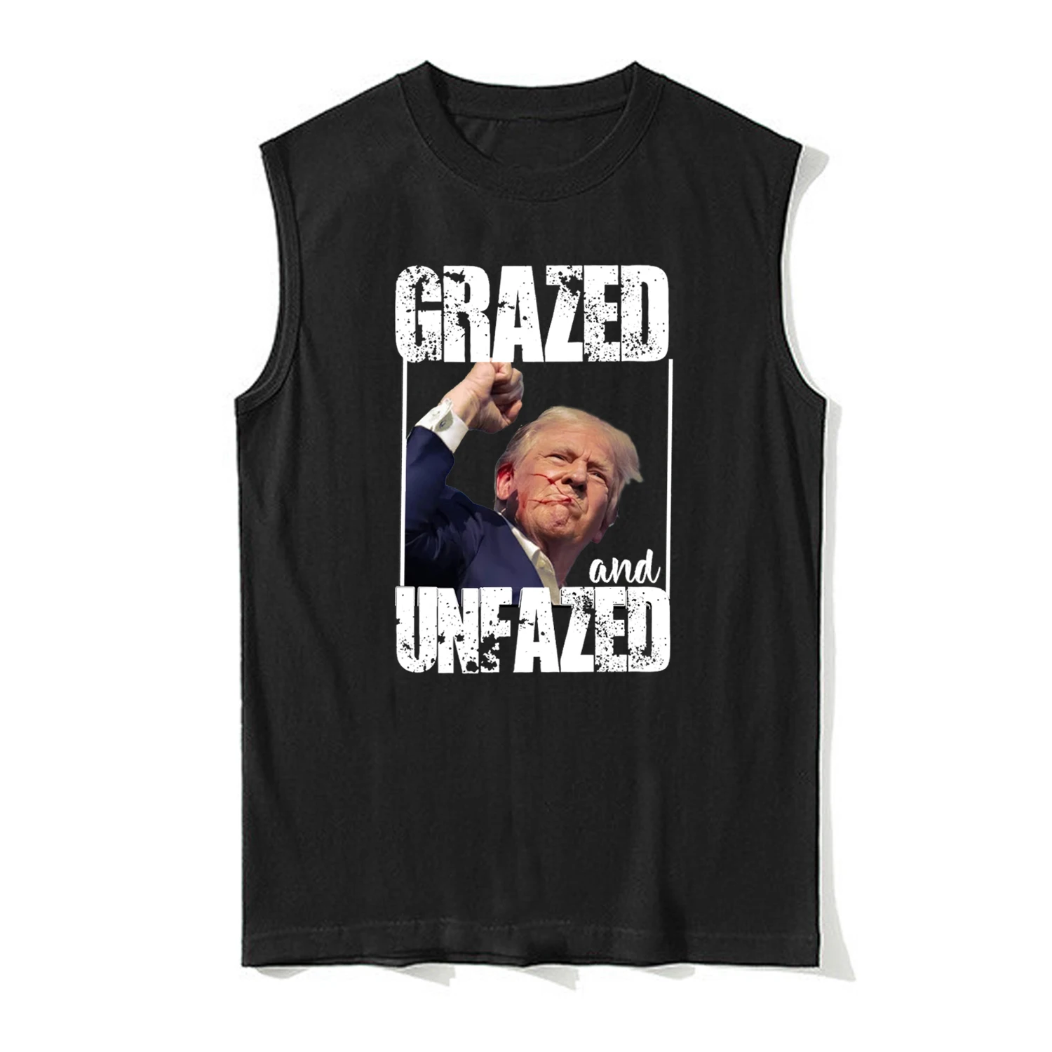 Grazed and Unfazed - Trump Get Shot 2024 Election Rally Tanktop 100% Cotton O-Neck Vest Summer Casual Mens Sleeveless T-shirt