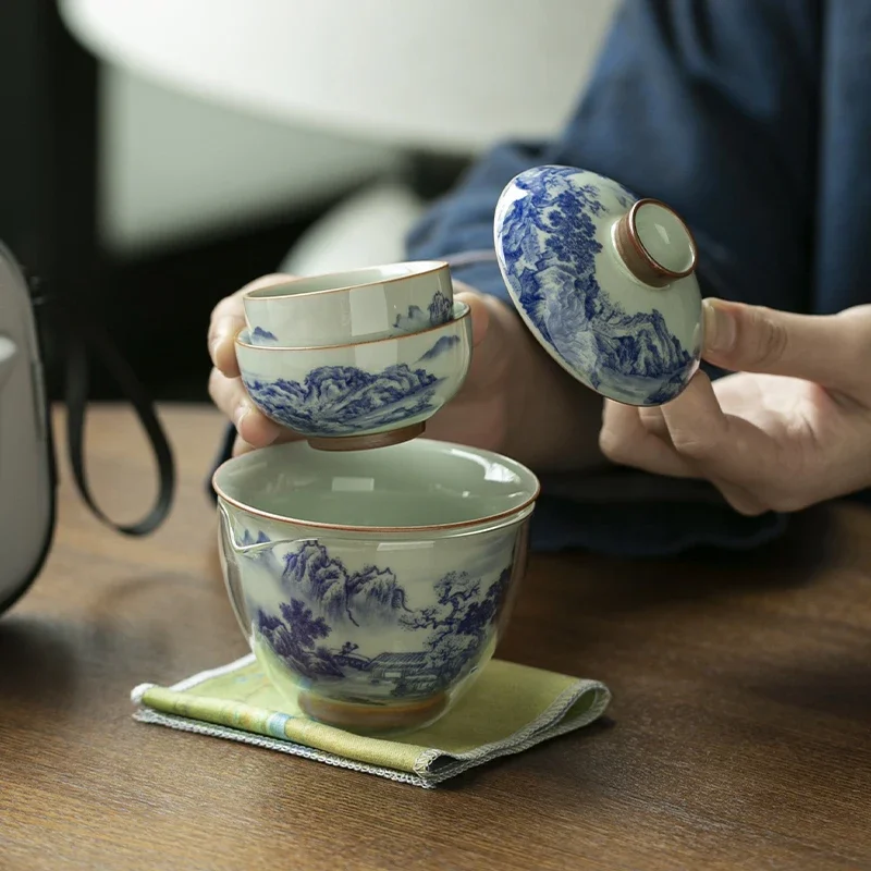 Chinese Retro Blue and White Porcelain Tea Cup Portable One Pot Two Cups Three Cups Travel Kung Fu Tea Set