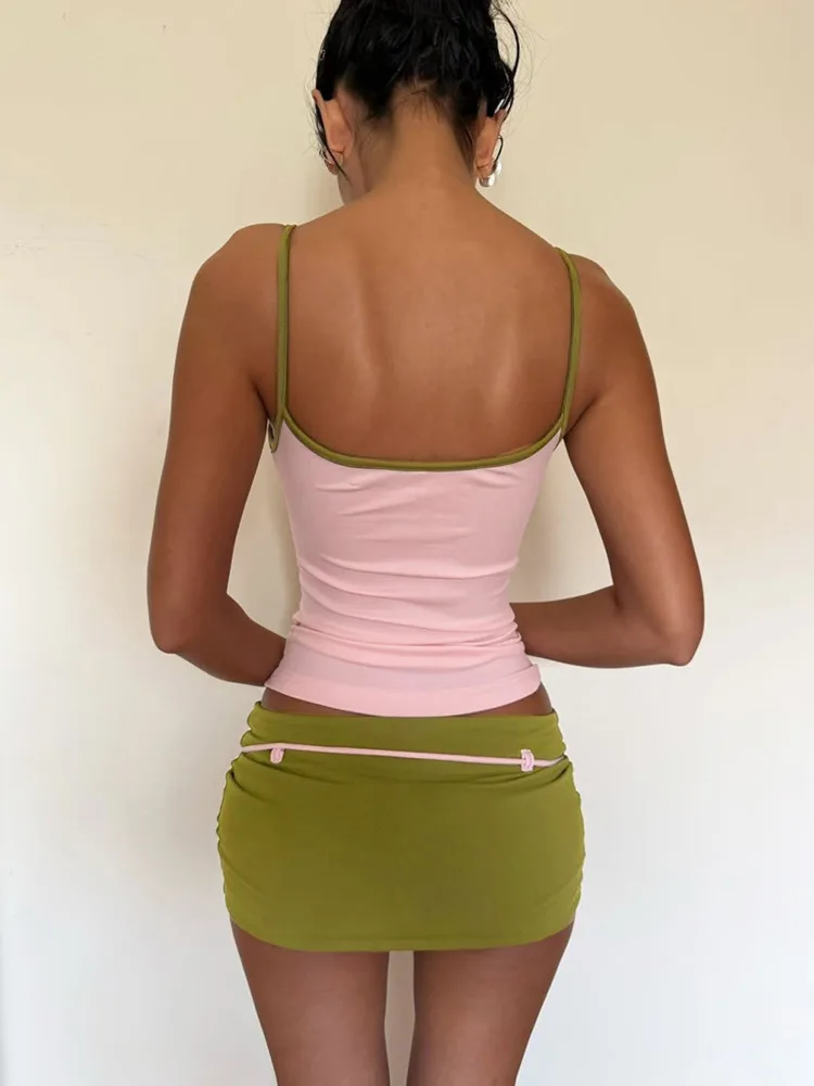 Sibybo Contrast Color Patchwork Woman Two Piece Set Summer Low Chest Backless Camis Top and Bandage Tassel Mini Skirt Match Sets