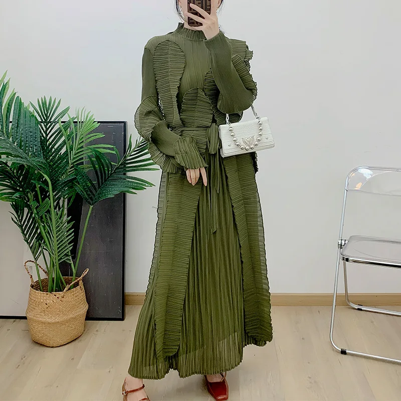 Pleated dress Lace collar Plus size wooden ear lace lace-up slimming women's long dress