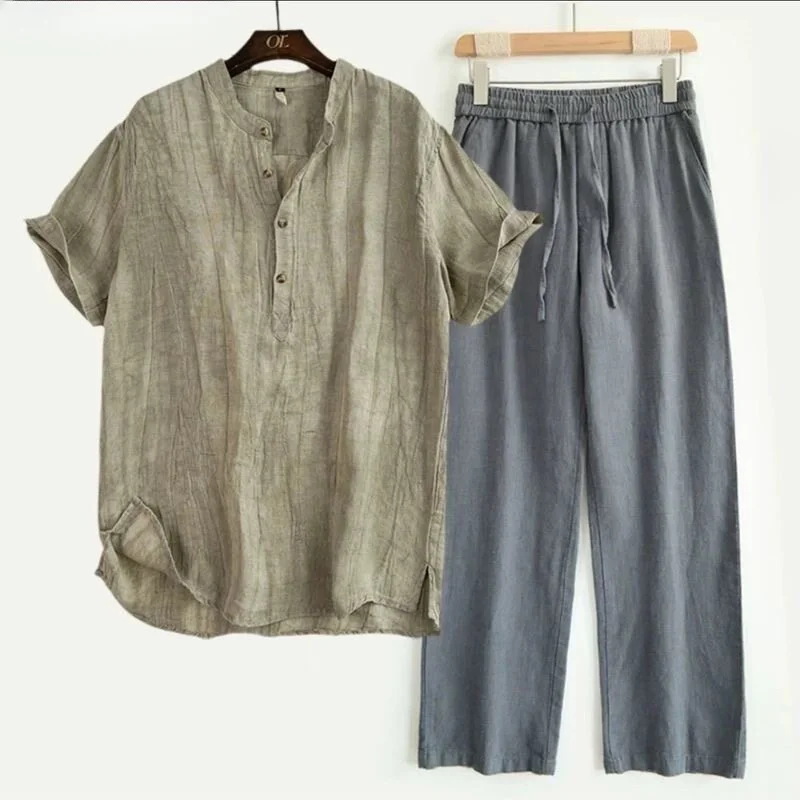 Khaki top + gray pants
