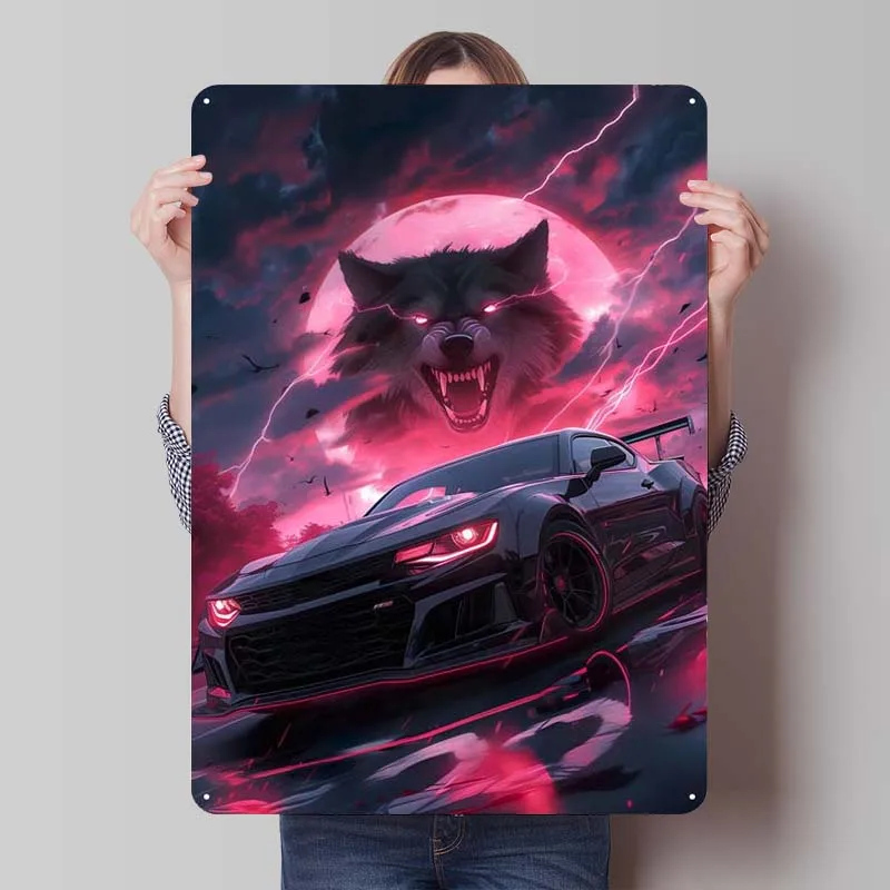 Black Supercar Wolf Tinplate Sign Car Poster Bathroom Decor Retro Metal Sign for Garage Wall Art Decoration Man Cave Coffee Bar