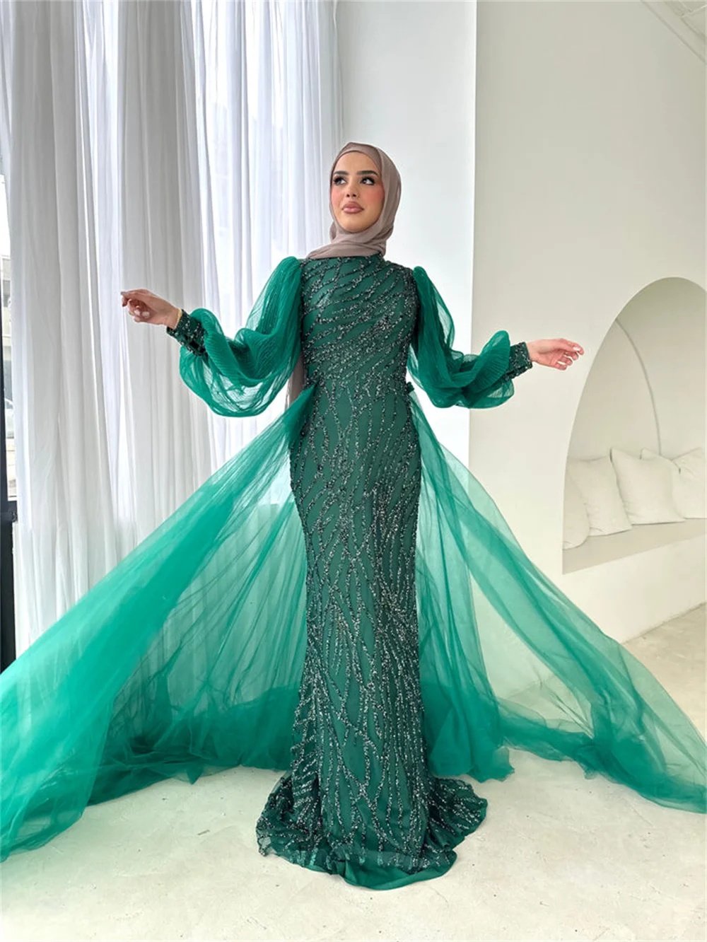 Sansa Luxury Puffy Sleeve فساتين سهره فاخره 2023 Gliiter Sequins Mermaid فساتين السهرة Luxury Handmade Prom Dresses With Tail