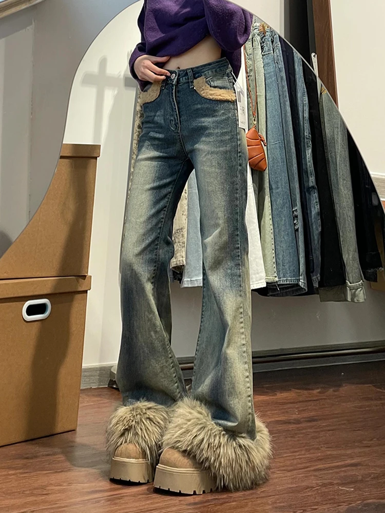 

Американский главный уличный дизайн Sense сращенные меховые джинсы женские Y2K Millennium сексуальная девушка потертости микро расклешенные длинные брюки...