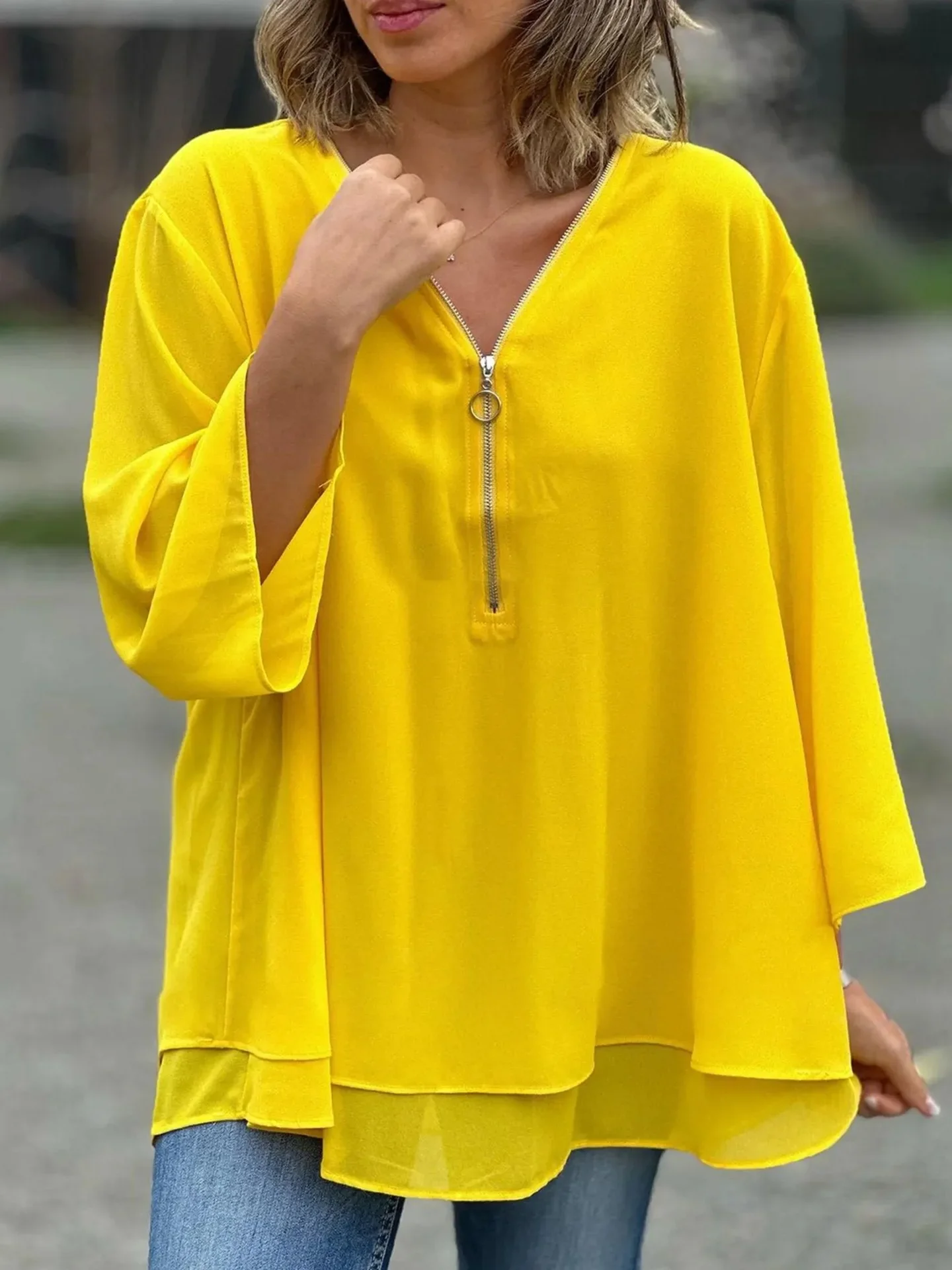 

new model Plus-size women's blouse fashion loose solid color zipper nine-sleeve t-shirt plus-size women's clothing