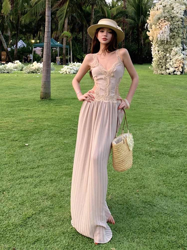 

Summer Slim Fit Lace Backless Hollow out Sleeveless Dress V Neck Gored Skirt Style Retro Sexy Beach Long Dress for Young Women