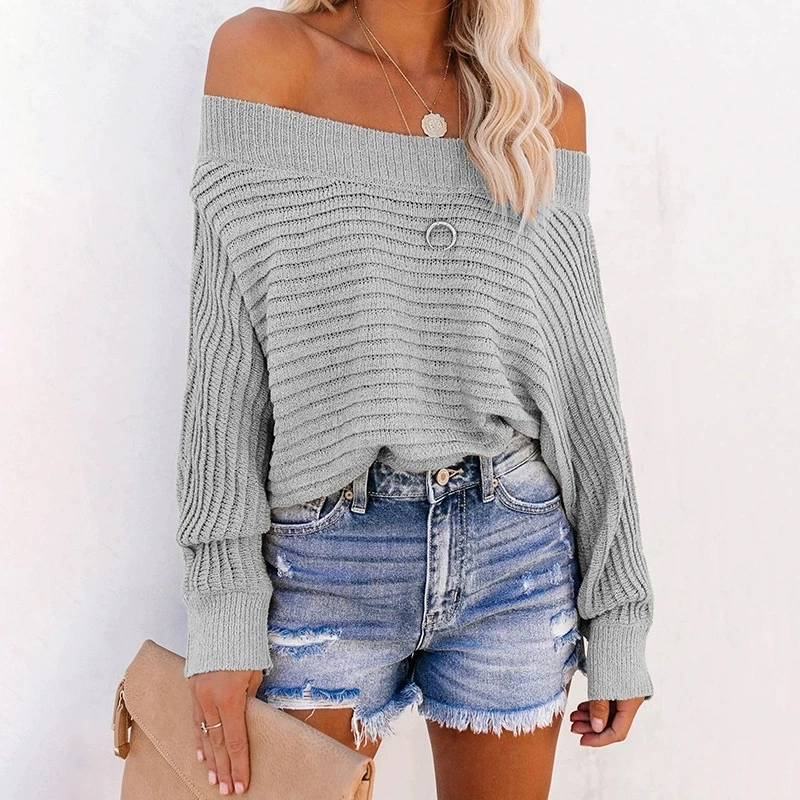 Ropa de primavera para mujer, suéteres europeos y americanos, mangas de murciélago a rayas, suéter de punto con hombros descubiertos